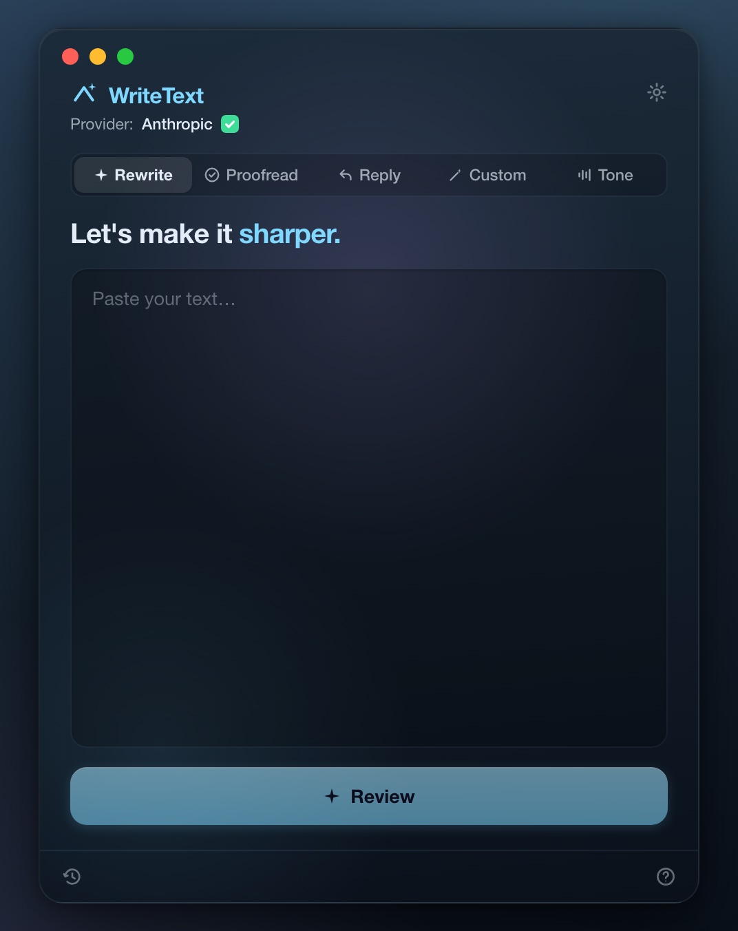 WriteText popover with the five-mode selector and an empty text input